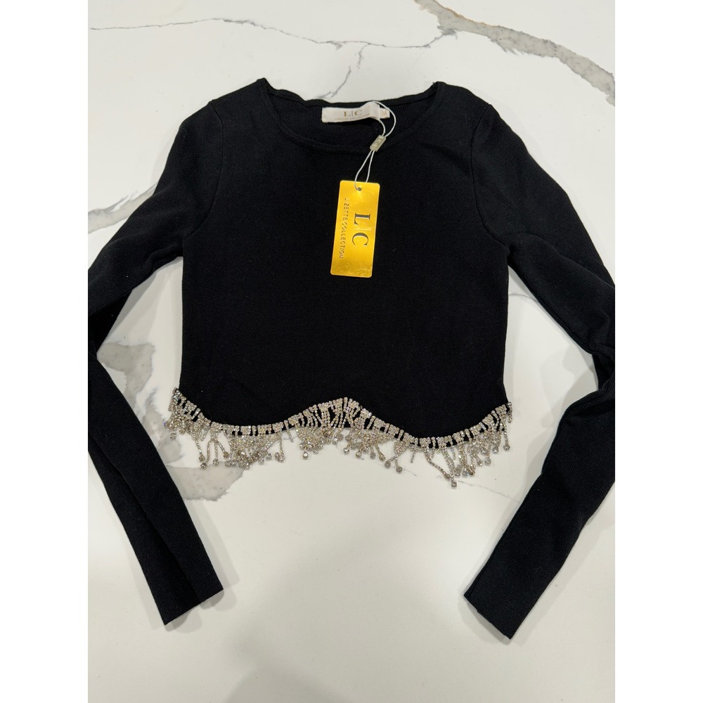 Lizette Collection Black Rhinestone Fringe Crop Top Long Sleeve Ribbed M
